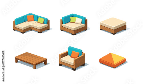 Vibrant Outdoor Lounge Icons. Outdoor lounge set. Isometric flat vector icons set of Outdoor lounge set: modular sofa, corner seat, ottoman, low coffee table,