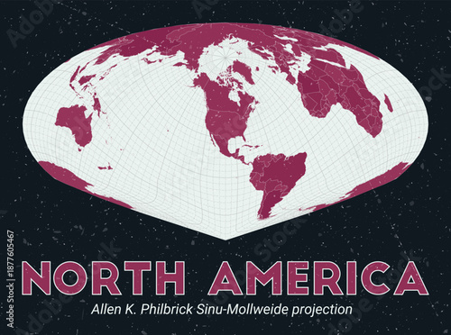 North America. World map. Allen K. Philbrick Sinu-Mollweide projection centered to North America. Pale Mint Dark Pink palette. Vintage texture. Alive vector illustration.