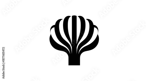 A black and white minimalistic emblem showing a stylized plant, with curved leaves