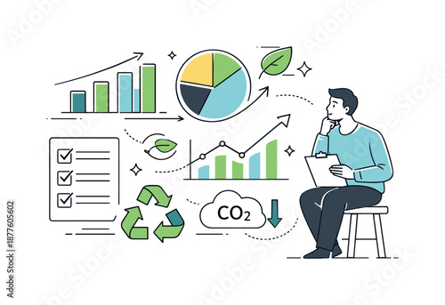 Sustainability Performance Tracker. Sustainability performance tracking. Professional analyzing impact metrics with charts, leaves, and checklist symbols,
