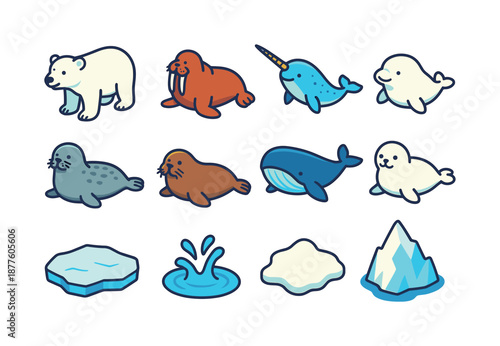 Polar Marine Icons. polar marine mammals. Colorful isometric vector icons set of polar marine mammals: polar bear (marine icon), walrus, narwhal, beluga,