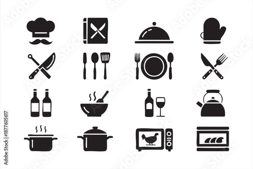 Black and white kitchen icon set with chef tools and cookware
