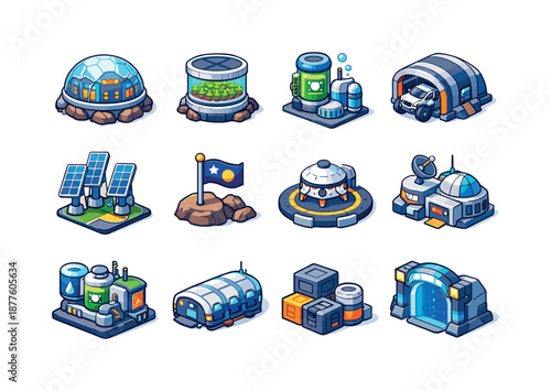 Space Colony Icons. Space colonies. Colorful isometric vector icons set of space colonies: habitat dome, hydroponic garden, oxygen generator, rover garage,