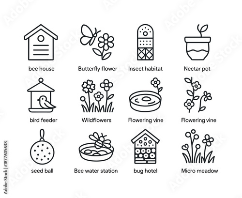 Pollinator-Friendly Urban Icons. Urban farming. Line icon set of pollinator-friendly elements: bee house, butterfly flower, insect habitat box, nectar pot,