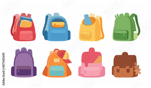 Cute cartoon school bags vector set with colorful backpacks for kids illustrations