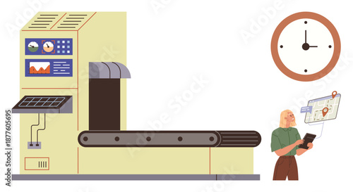 Industry 40, manufacturing automation, time management, logistics tracking, production efficiency, data monitoring. Conveyor belt and clock with a worker holding a tablet. Industry 40