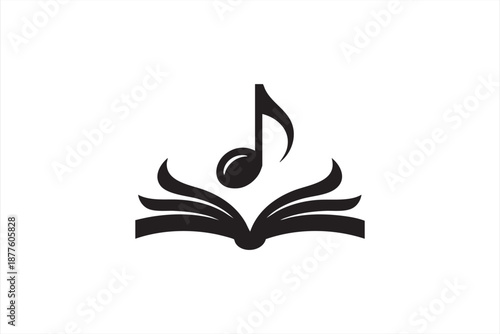 Open book with musical note logo for education and audio learning