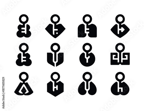 Profound Insight Icons. Profound insight. Icon set. Set Logo of Profound insight: Key unlocking abstract shape: Symmetrical form, Abstract geometric, Minimal