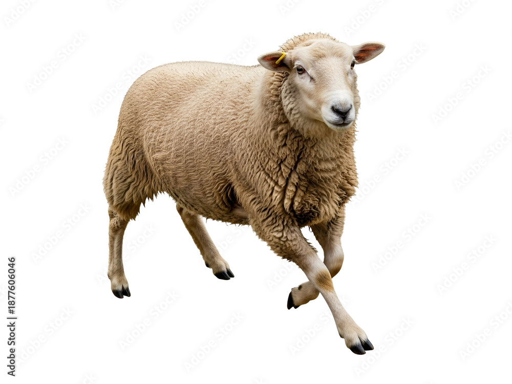 Obraz premium Graceful Light Brown Domestic Sheep Walking with Yellow Ear Tag in Full Body Profile Studio Cutout, isolated on transparent background