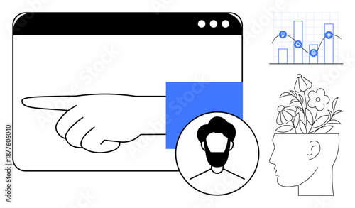 Hand pointing in a browser window, human profile with blooming flowers, analytics graph, male avatar. Ideal for creativity, user interaction, analytics, innovation, growth strategy technology