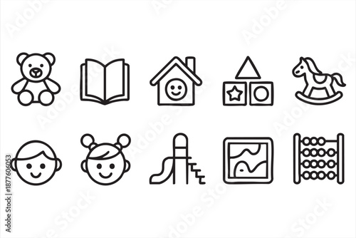 Kids playground and toy outline icons for nursery design