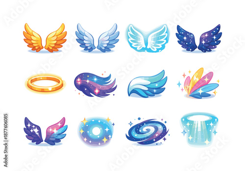 Celestial Wings Icons. Celestial wings. Colorful isometric vector icons set of celestial wings: golden wings, silver wings, glowing aura wing, star-dusted