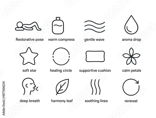 Restorative Therapy Icons. Restorative therapies. Line icon set of Restorative therapies: restorative pose, warm compress, gentle wave, aroma drop, soft star,