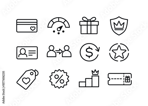 Customer Loyalty Icons. Customer loyalty programs. Line icon set of Customer loyalty programs: rewards card, points meter, gift box, VIP badge, membership