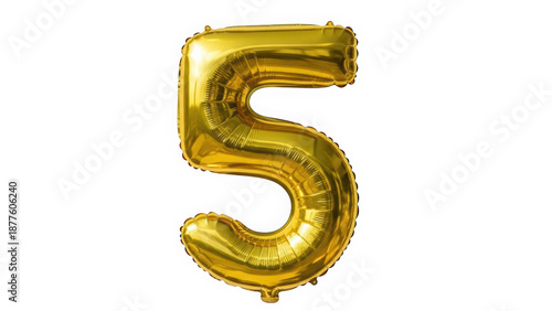 Shiny gold foil balloon in the shape of the number five for birthday or anniversary milestone