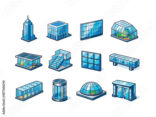 Isometric Glass Architecture. Glass Architecture. Colorful isometric vector icons set of Glass Architecture: glass skyscraper, transparent office block,