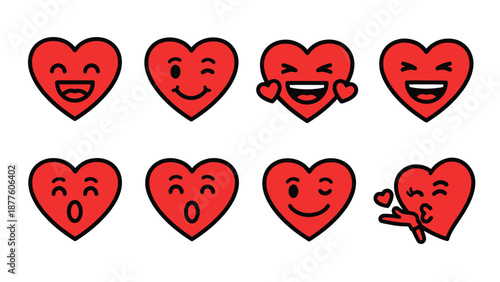 Collection of Cartoon Heart Emoticons with Expressions.