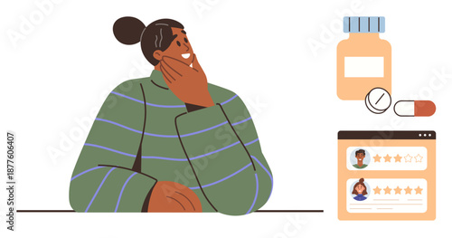 Telehealth, online consultation, healthcare decisions, digital wellness, medication review, patient care. A person in thought, with pills a bottle and online reviews nearby. Telehealth and online