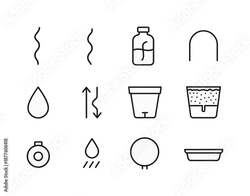 Wick Watering Icons. Wick watering systems. Line icon set of Wick watering systems: cotton wick, nylon wick, reservoir bottle, connector tube, water droplet,