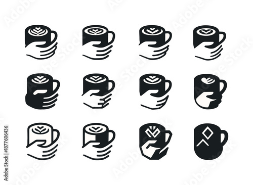 Latte Logo Variations. Latte in hand. Icon set. Set Logo of latte in hand: warm mug grip. harmonious logo variations of the same emblematic concept, each with
