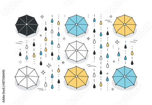 Colorful Umbrellas in Rain. Umbrella and rain elements. A collection of umbrellas seen from above, raindrops falling evenly between them, creating a rhythmic