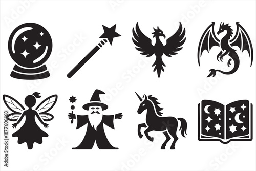 Fantasy magic creature icons for game UI dashboards, RPG menus, mobile apps, tarot web templates