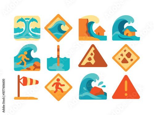 Coastal Hazard Icons. Coastal Hazards. Colorful flat vector icons set of Coastal Hazards: rip current symbol, high surf sign, erosion cliff icon, storm surge