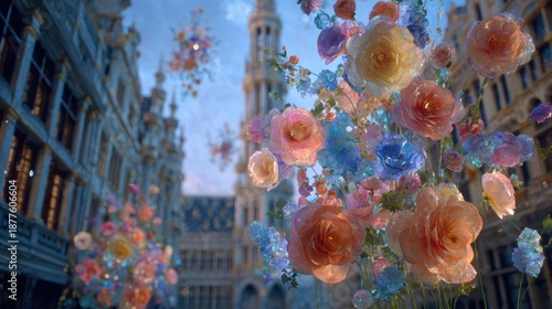 Floral Fiesta in the City: A street comes alive with an explosion of vibrant, colorful, and delicately arranged flowers floating amidst grand buildings, creating a whimsical and enchanting atmosphere.