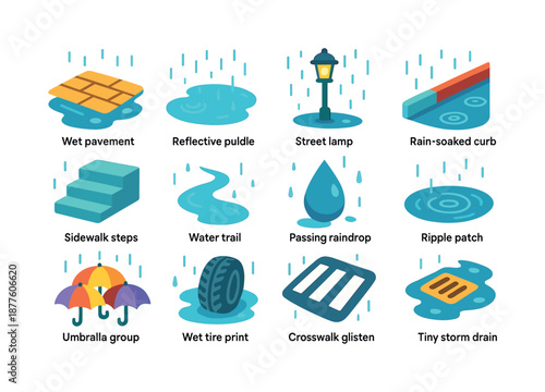 Colorful Rainy Street Icons. Rainy Streets. Colorful flat vector icons set of Rainy Streets: wet pavement, reflective puddle, street lamp glow, rain-soaked