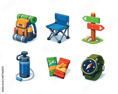 Camping Essentials Icons. Hiking And Camping. Isometric flat vector icons set of Hiking And Camping: trail backpack with gear, collapsible trekking chair,