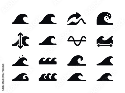 Wave Dynamics Icons. Wave dynamics. Solid icon set of wave dynamics: wave crest, wave trough, swell arrow, breaker icon, wave height marker, surf line,