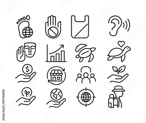 Sustainable Tourism Icons. Sustainable tourism. Line icon set of travel impact awareness: carbon footprint, plastic ban icon, cultural respect hand, noise