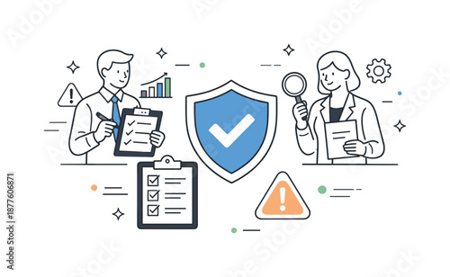 Risk Management Analysis. Risk management and control. Professionals assessing risks using checklists and shield icons. Calm analytical mood representing