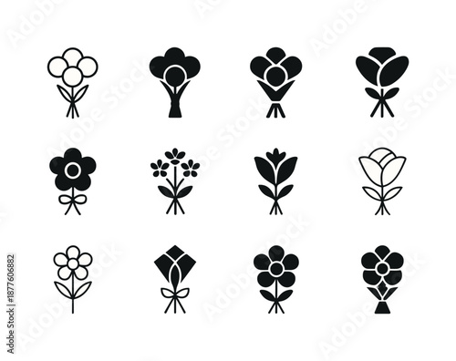 Wedding Decor Icons. Wedding decor and celebration ideas. Icon set. Set Logo of wedding decor and celebration ideas: bridal bouquet emblem. harmonious logo