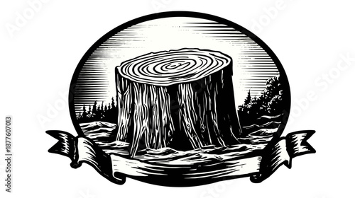 Black and white illustration of a tree stump with rings, water, trees, and ribbon in a circle