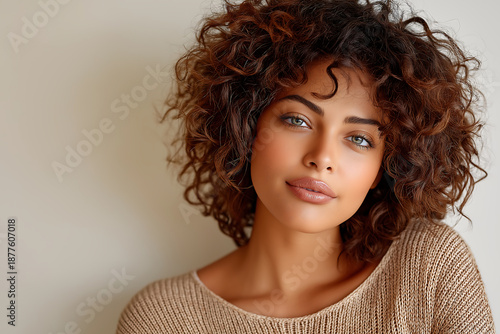 Woman with natural curly brown hair and mesmerizing green eyes, showing authenticity and embracing natural beauty with a confident and serene expression