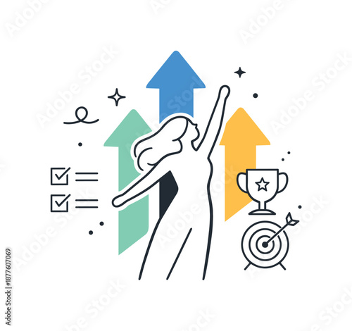 Symbolic Female Success. Female achievement concept art. An abstract female figure combined with upward arrows and gentle symbols, representing progress and