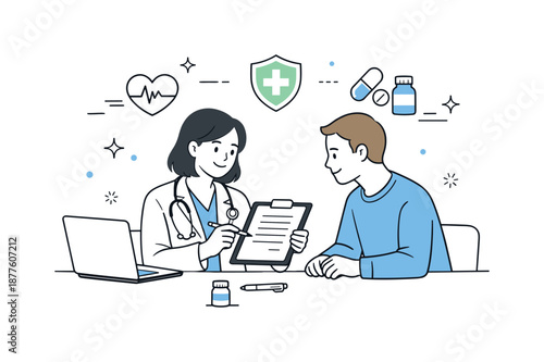 Friendly Medical Consultation. Healthcare consultation. Doctor and patient sitting across a desk reviewing medical notes together, showing calm and attentive