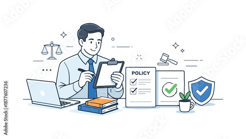 Compliance Document Review. Legal compliance management. A professional reviewing policy documents with checkmarks and shield icons on a clean desk. Calm