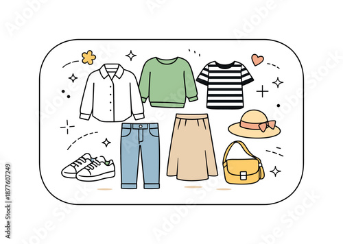 Spring Capsule Wardrobe. Spring wardrobe planning icons. Conceptual scene with a capsule wardrobe represented by a few versatile clothing icons inside a soft