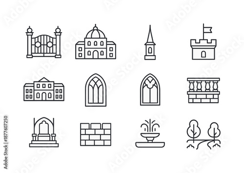 Palace Icon Set. Palace. Line icon set of Palace: royal gate, palace dome, tall spire, central courtyard, throne hall, arched window, flag tower, stone wall,