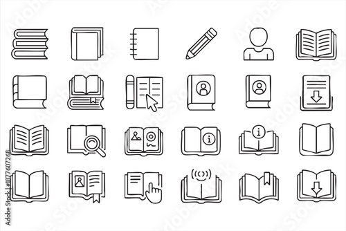 Book library icons for ebook UI dashboards, digital bookshelf apps, reading platforms