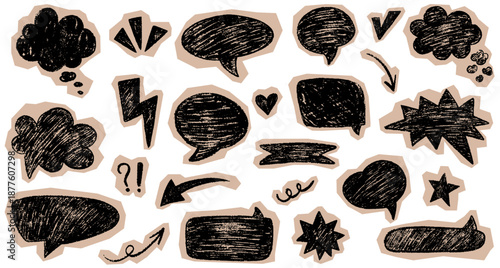 Scrapbook speech bubble set. Crayon torn paper bubble shapes. Hand drawn chalk pencil balloon for dialogue, message and text. Vector chalk pencil background talk speech bubble frame.