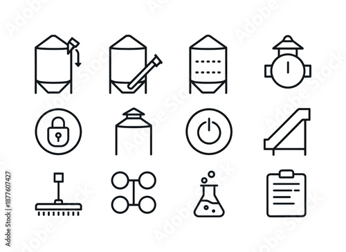 Silo Operations Icons. Grain silo. Line icon set of silo operations: filling chute, unloading auger, grain level meter, flow control valve, hatch lock, roof