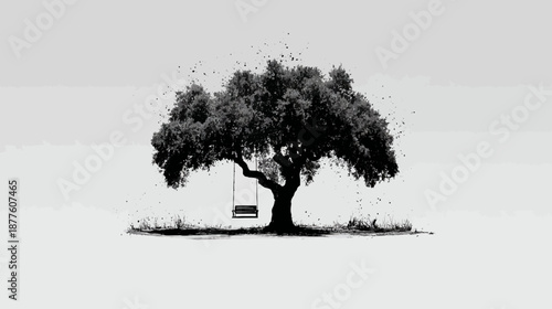 A grayscale image of a tree with a swing hanging from its branches against a blank backdrop