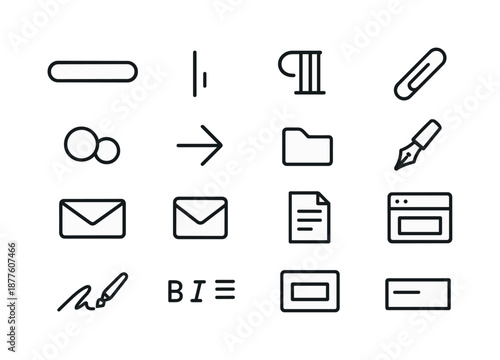Email Icon Set. Email writing essentials. Line icon set of Email writing essentials: subject line bar, text cursor, paragraph icon, attachment clip, CC/BCC