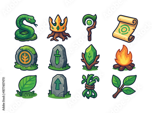 Forest Legend Icons. Forest legends. Colorful isometric vector icons set of forest legends: serpent guardian, ancient crown root, mythical staff, enchanted