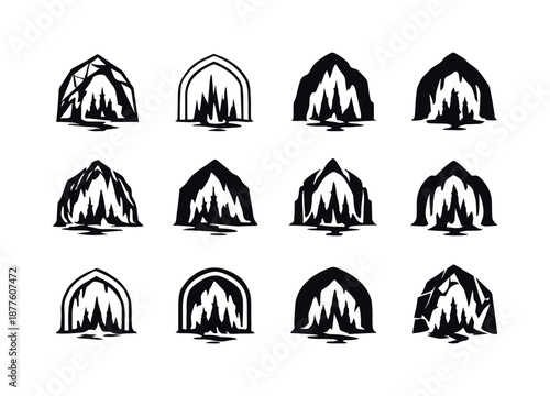 Cave Logo Collection. Caves and caverns. Icon set. Set Logo of Caves and caverns: stalagmite rise. harmonious logo variations of the same emblematic concept,