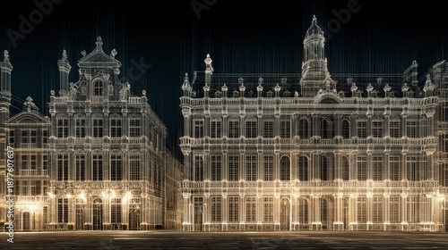 Architectural Symphony: Illuminated buildings at night, their elegant facades and intricate details glowing against the dark sky, casting shadows. 
