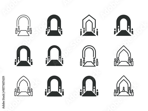 Wedding Decor Icons. Wedding decor and celebration ideas. Icon set. Set Logo of wedding decor and celebration ideas: candlelit aisle. harmonious logo